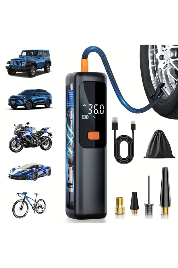 ضاغط هواء محمول أسود، 150 PSI، منفاخ إطارات بشاشة LCD، إيقاف تلقائي، شحن عبر USB للسيارة