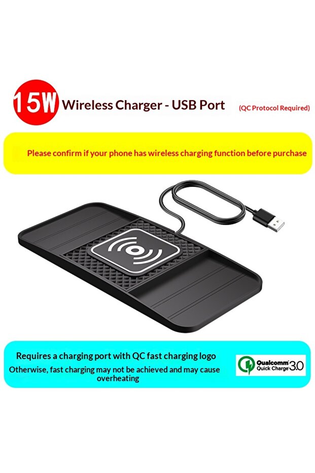 USB Port 15W Fast Wireless Charging Pad , Non-Slip Mat for Car Storage, Lightweight USB-Powered Cha