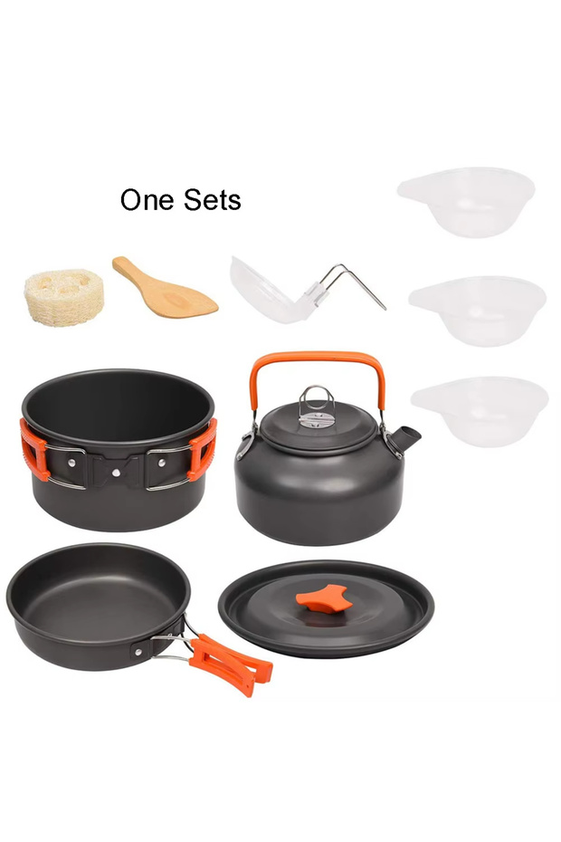 Orange-1Set Camping Cookware Kit Outdoor Cooking Set Aluminum Pot Equipment Travel Tableware Kitchen