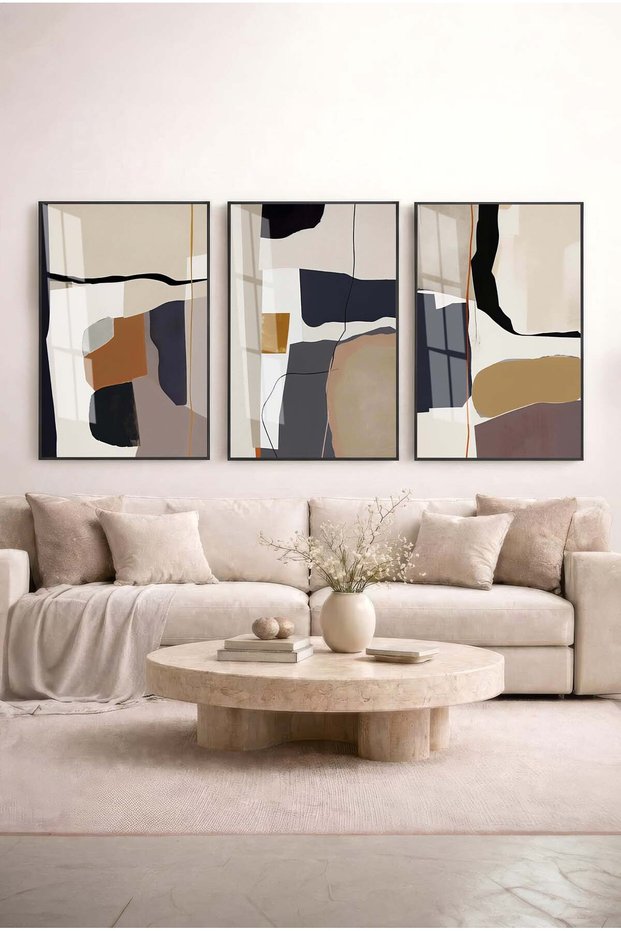 Bauhaus Spirit Earth Tones and Modern 3-Piece Glass Painting Set - Black Metal Framed Home and Office Painting