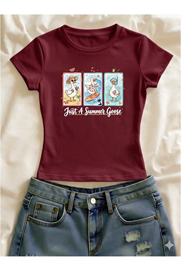 Just a Summer Goose Printed Lycra Slim Fit Short Sleeve Crew Neck Tee Crop