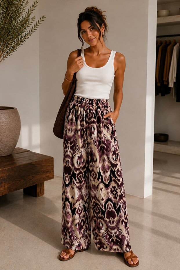Patterned Wide-Leg Viscose Trousers Casual Stylish Women's Trousers My3535