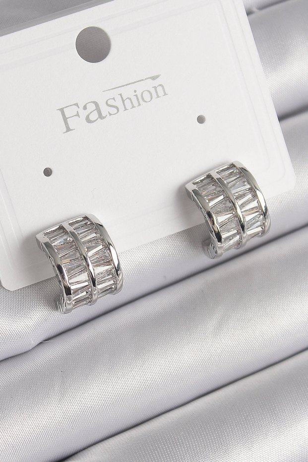 Brass Silver Color Double Row Zircon Stone Women's Earrings 5886