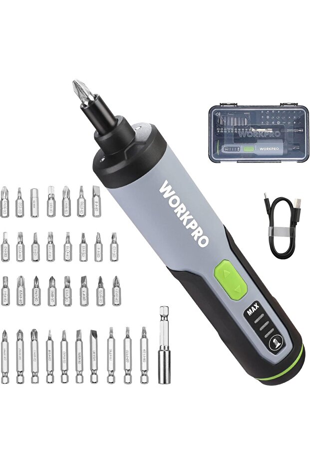 3.6 V Electric Screwdriver, Rechargeable Cordless Screwdriver Set with 35 Bits, Extension Rod, USB Charging Cable in Carrying Case, LED Light, Black Gray
