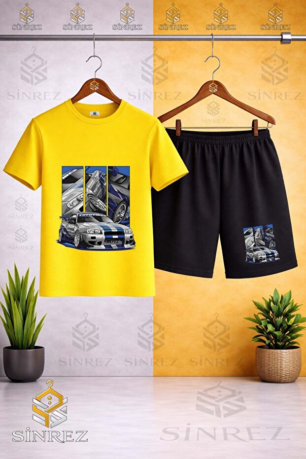 Crew Neck Kids' Car Blue Multiple Square Printed T-Shirt - Shorts Set