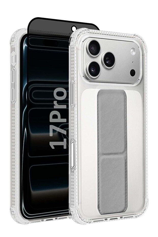 2 Packs Finger Grip Clear Case Cover for iPhone 17 Pro- Kickstand Car Magnetic Holder Multi-function Protective Two-in-one Case with Privacy Screen Protector - Grey-4