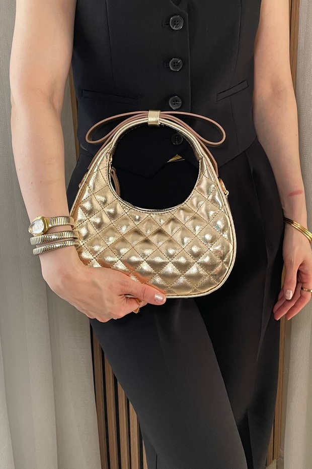 Women's Gold Color Bowknot Detailed Hand and Shoulder Bag with Adjustable Long Strap