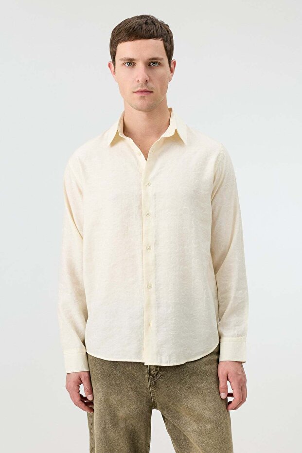 Ecru Modal Blend Patterned Men's Shirt
