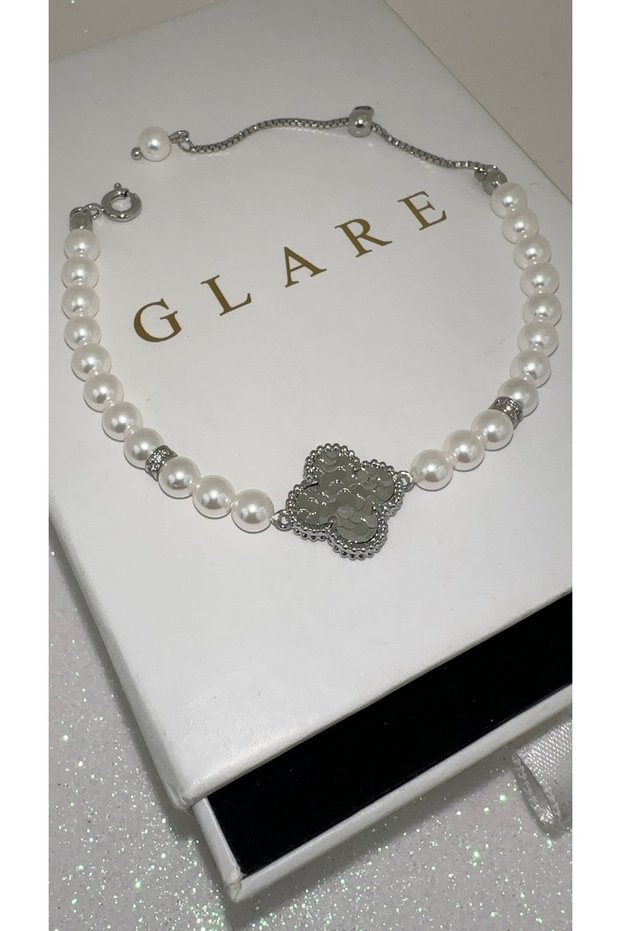 Clover Model Pearl and Stone Stainless Steel Bracelet 15+3cm