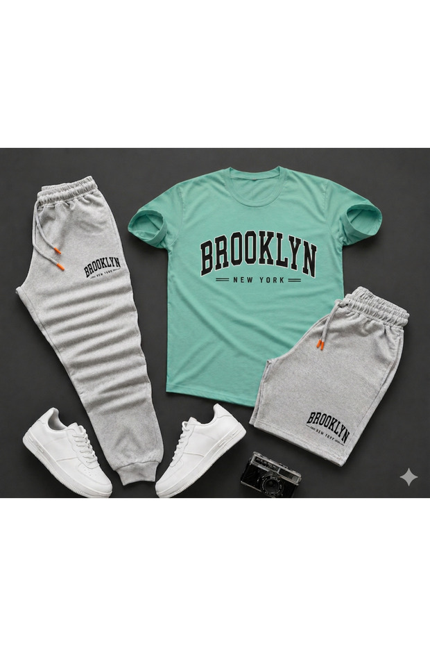 Unisex Brooklyn Printed 3-Piece Combination Set - Orange T-Shirt, Gray Sweatpants and Shorts Unisex