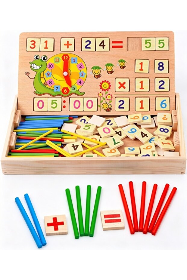 🎁 هدية - لعبة مونتيسوري التعليمية للرياضيات، صندوق تعليمي خشبي مع آلة حاسبة، عصي حساب، لوحة رسم وساعة