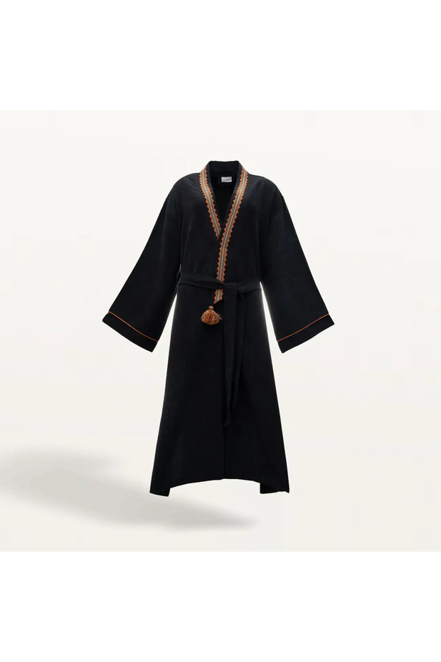 Hazar Women's Dressing Gown 100% Organic Cotton Embroidered Anthracite