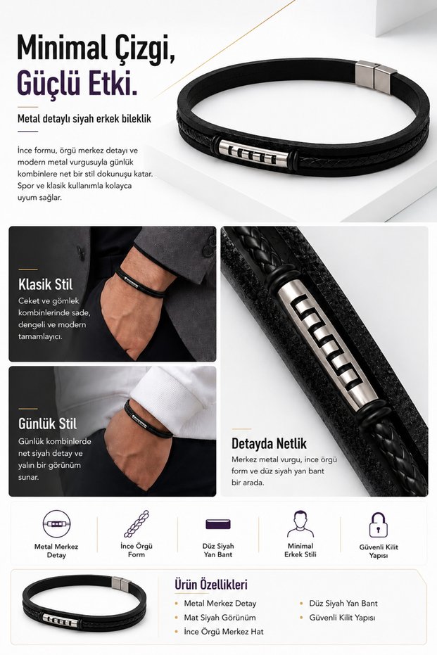 Metal Detailed Steel Men's Bracelet Modern Casual Style