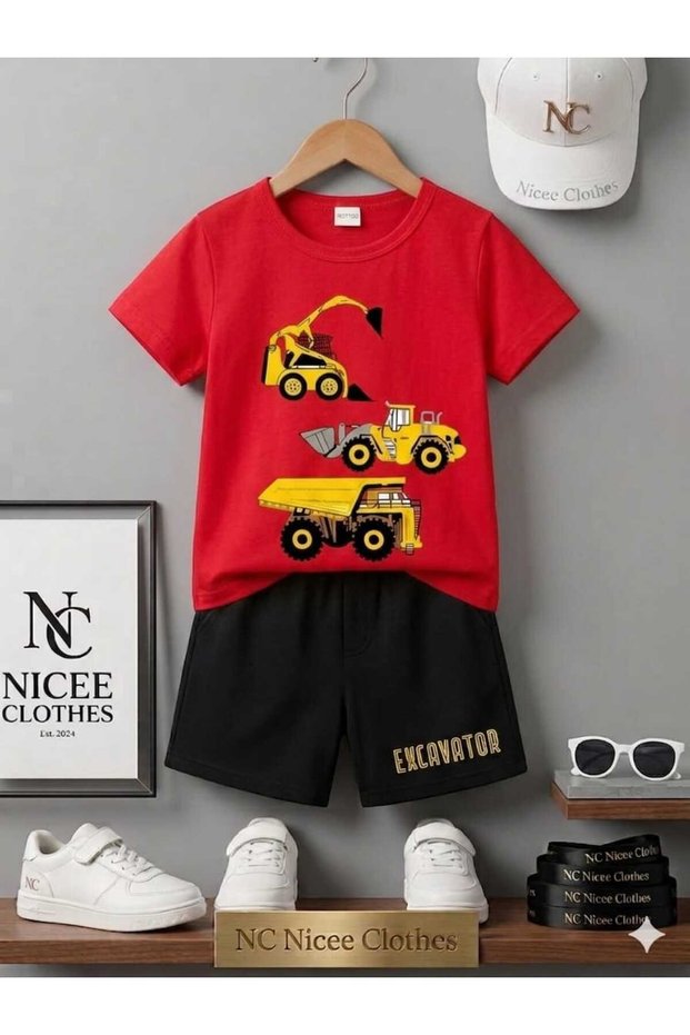 Summer Children's T-Shirt Shorts Unisex (Excavator Print)