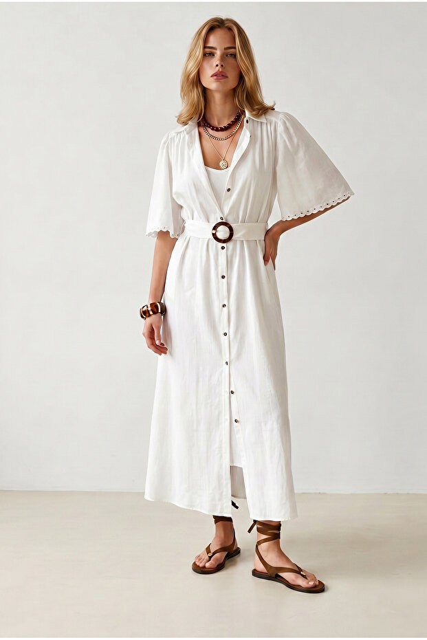Women's White Sleeve Detailed Belted Lined Maxi Shirt Dress Elb-19002654