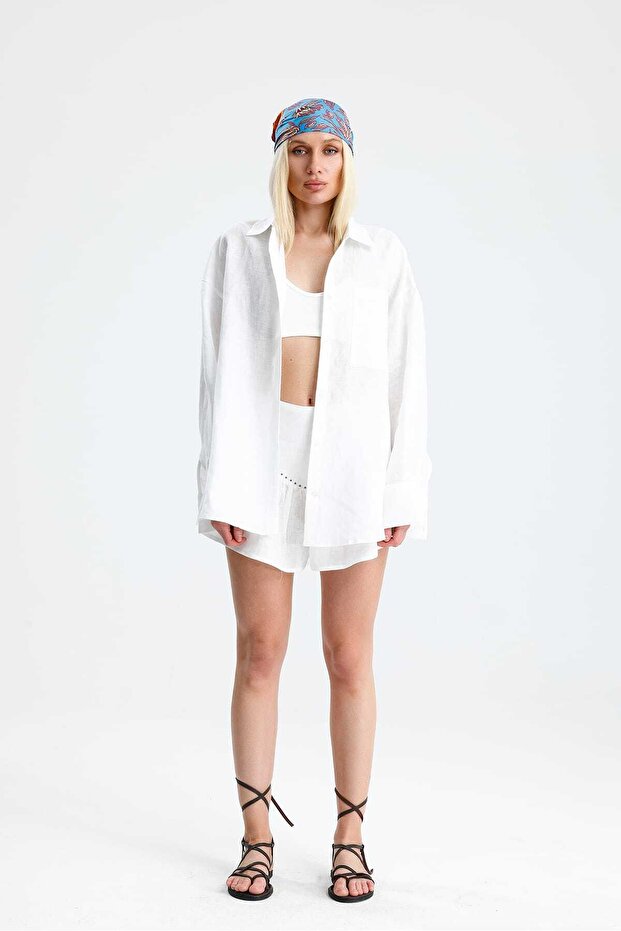 Lapi̇s Shorts Skirt Shirt Linen White Set
