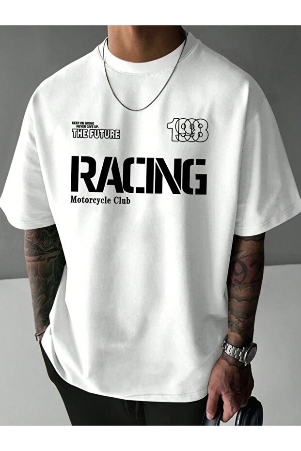 Racing Printed White Oversize Unisex T-Shirt Basic Comfortable Fit Daily Tshirt