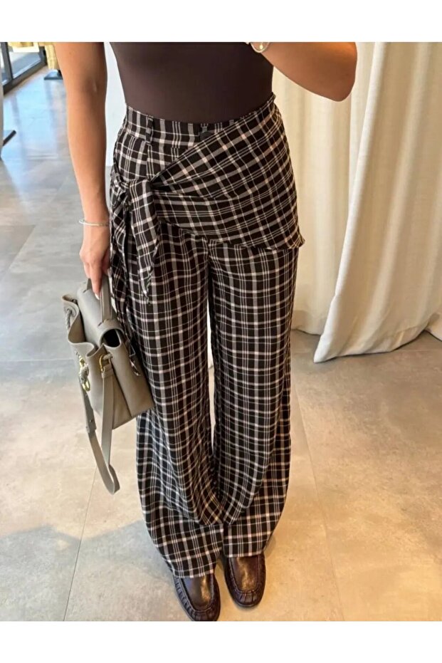 Plaid Patterned High-Waisted Trousers with Tie Detail – Stylish & Comfortable Fit