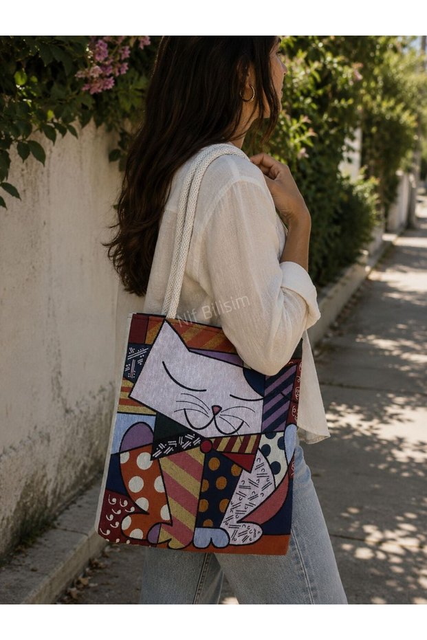 Cat Figured Beach Bag Colorful Printed Patterned Fabric Large Size Stylish Sea Picnic Bag Shoulder Fabric Bag with Zipper Interior Pocket