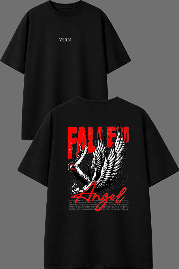 Fallen Angel Design Front and Back Printed Black Oversize T-Shirt