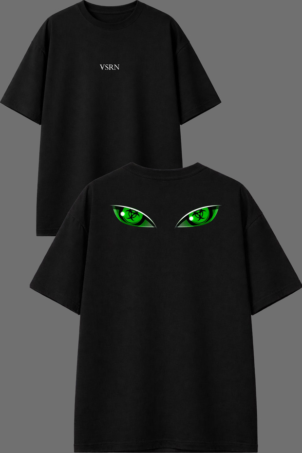 تي شيرت أسود كبير الحجم بتصميم Green Eyes مطبوع من الأمام والخلف