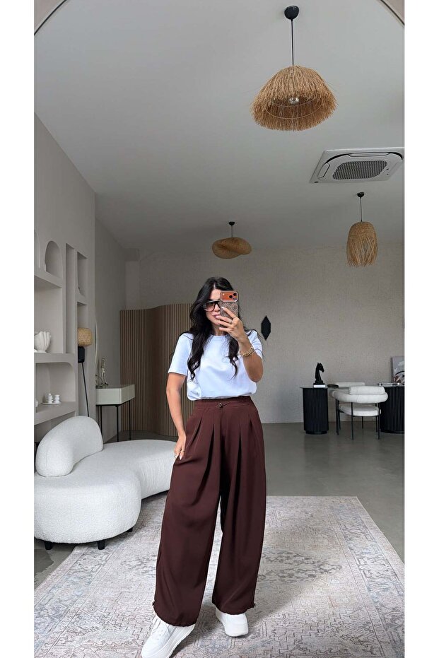 Brown Crepe Shalwar Trousers with Elastic Waist and Cuffs