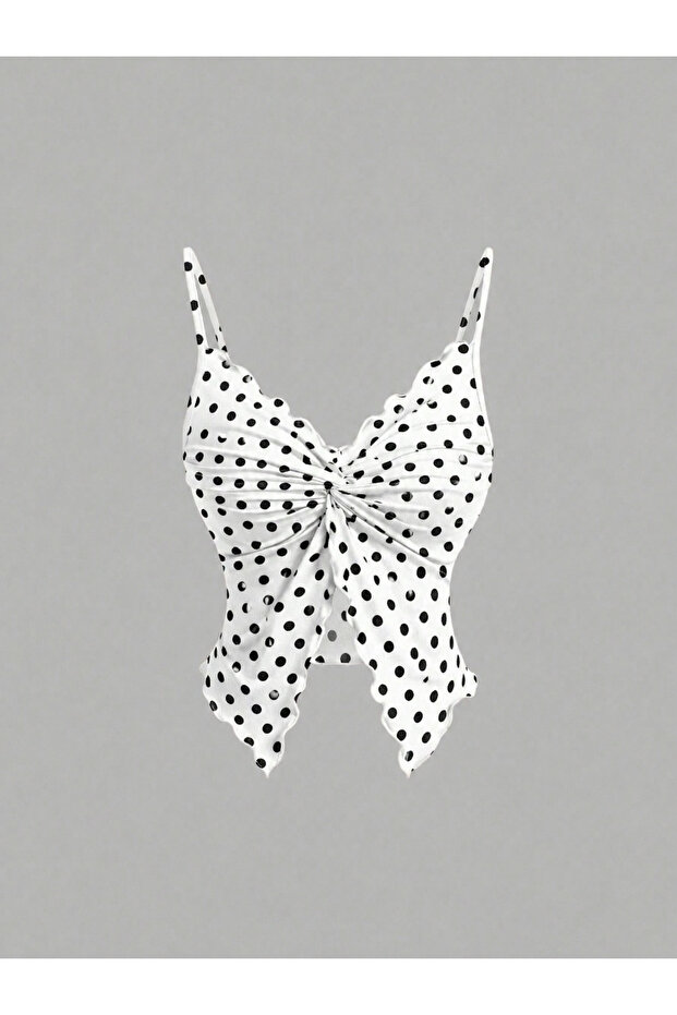 Front Twist Polka Dot Patterned Thin Strap Alaçatı Crop Top