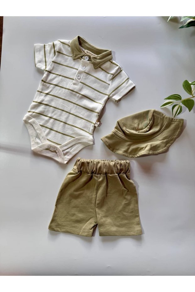 Polo Collar Striped 3-Piece Unisex Baby Set - 100% Cotton