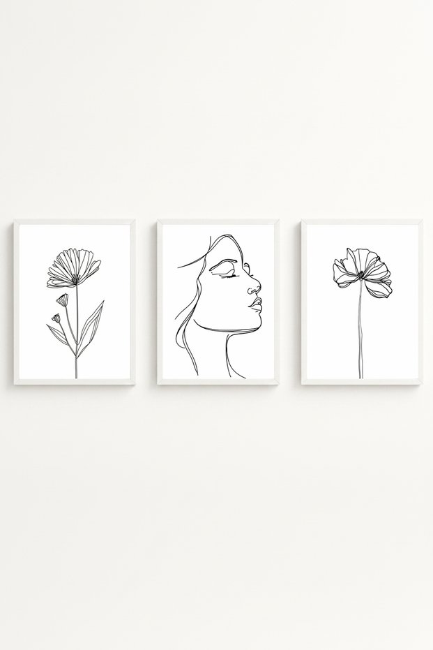 White Wooden Framed Minimalist Line Art 3-Piece Painting Set Huhu533 - Triple Painting Set White Frame