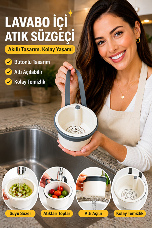 Button-Operated Six-Way Openable Sink Strainer with Hanger, Food and Tea Waste Strainer, In-Sink Garbage Basket, White