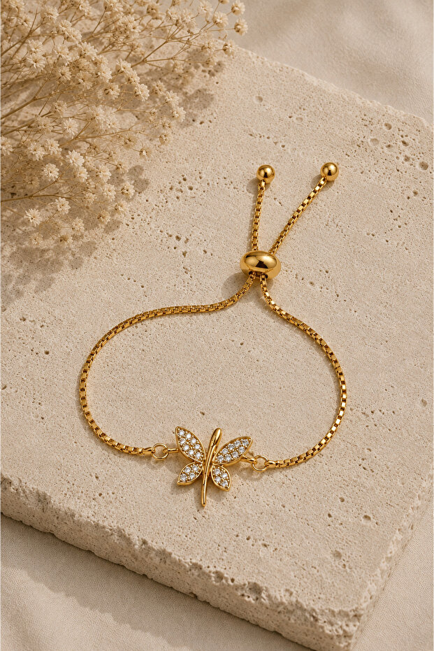 Yellow Zircon Stone Dragonfly Adjustable Women's Bracelet with Elevator Chain