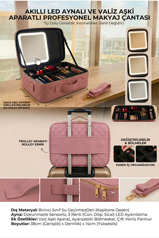 Professional Makeup Bag with Led Mirror and Suitcase Hanger