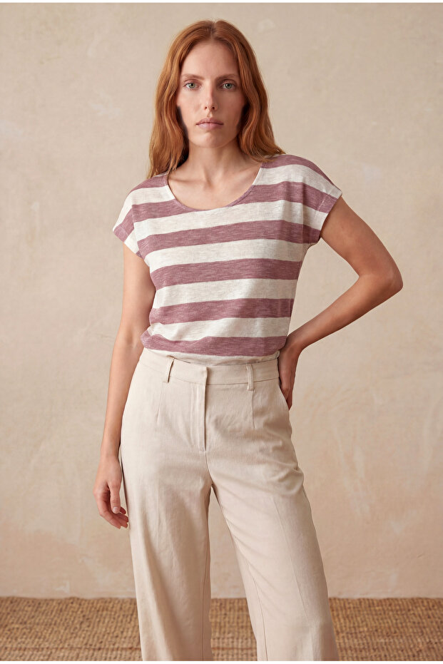 Women's Regular Fit Crew Neck Short Sleeve Ecru / Dusty Rose Striped Viscose / Elastane T-Shirt Wilda