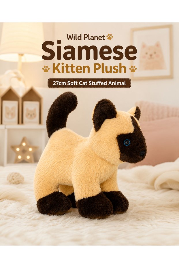 Siamese Kitten Plush 27cm Soft Cat Stuffed Animal Realistic Siamese Kitty Plush Toy Cute Cuddly Gift for Kids Boys Girls Cat Lovers Nursery Bedroom Décor Toy