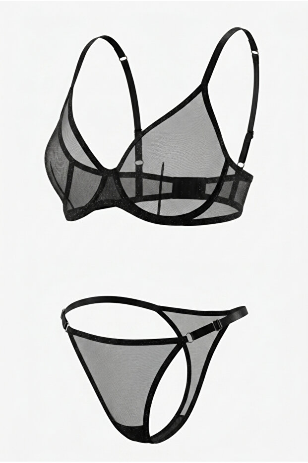 طقم حمالة صدر وسروال داخلي شفاف باللون الأسود اللامع