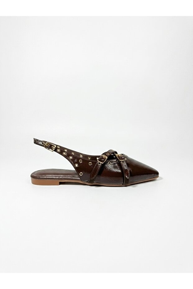 Women's Brown Open-Back Cross-Strapped Ballerinas with Gold Buckle