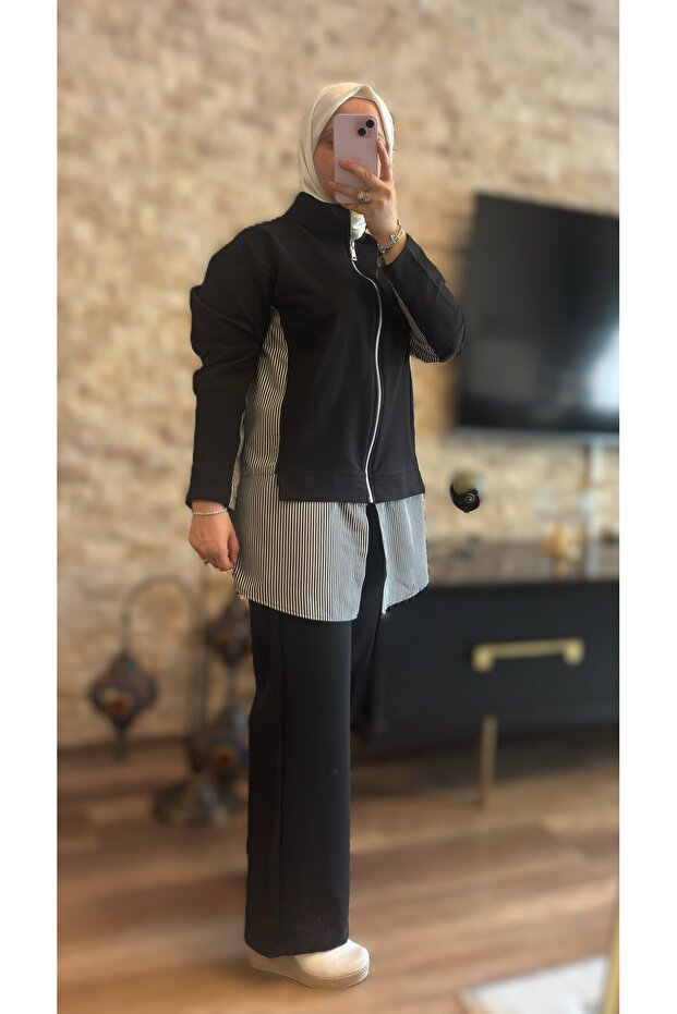 Women's Black Striped Garnished Zippered Hijab Double Set