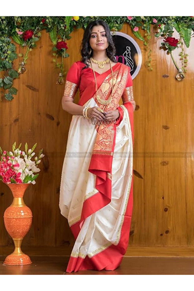 Red & White Banarasi Soft Silk Saree with Zari Border - KTZ7636 | Red