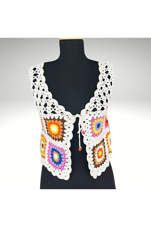 Hand Knitted Motif Front Tie Vest (Size 36-38)