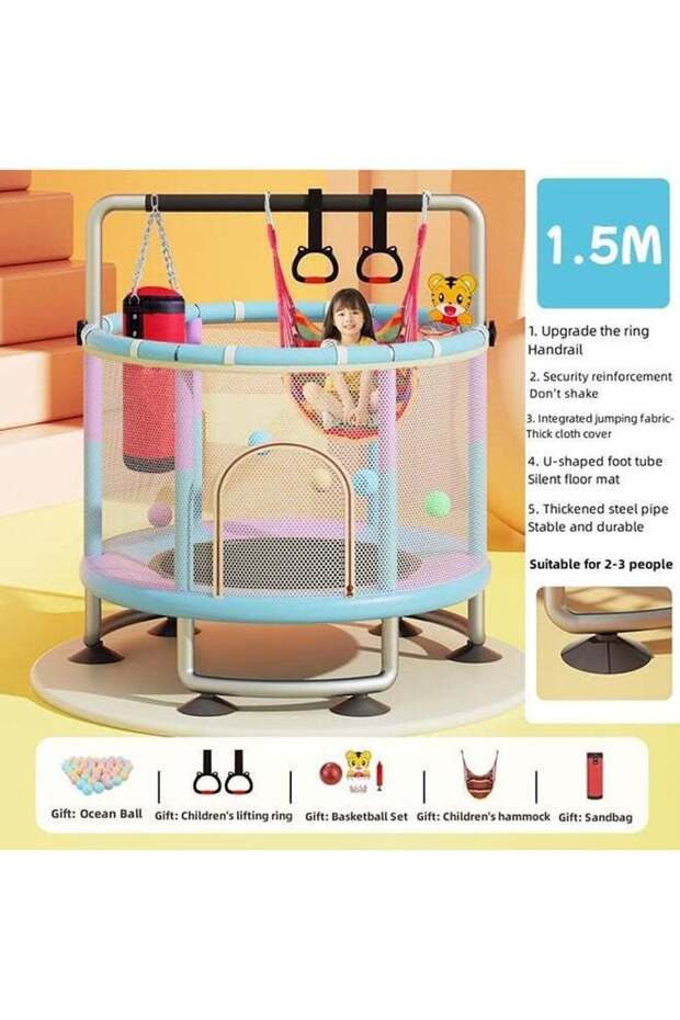 1.5m Toddler Trampoline for Kids, Indoor Outdoor with Safety Net & Swing, Adjustable Height