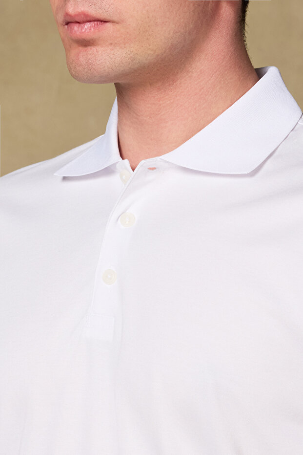 Bivo Merserize Pamuklu Modern Fit Beyaz Polo Yaka Erkek Düz Polo Shirt - 3