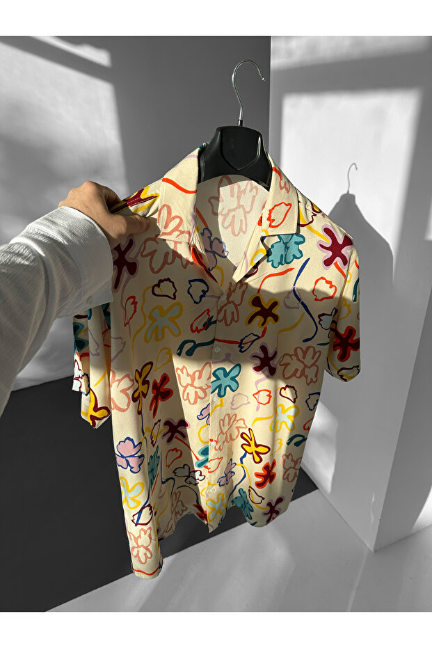Krem Abstract Flower Cuban Collar Efil Efil Alaçatı Shirt