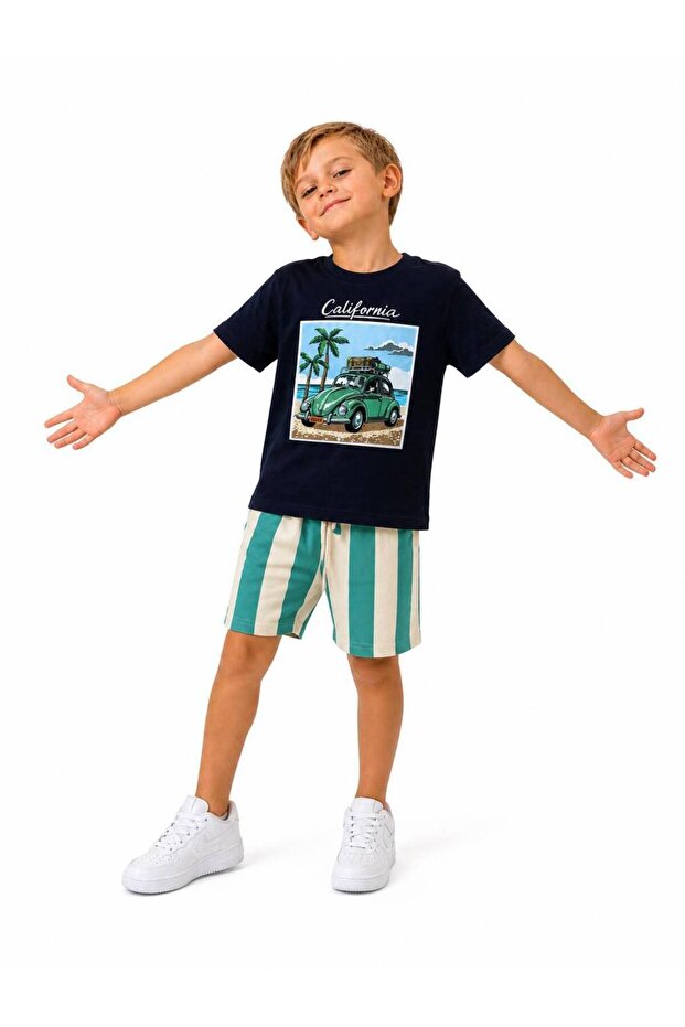Boy's California Printed Shorts Set Navy Blue Striped Summer 2-Piece Set