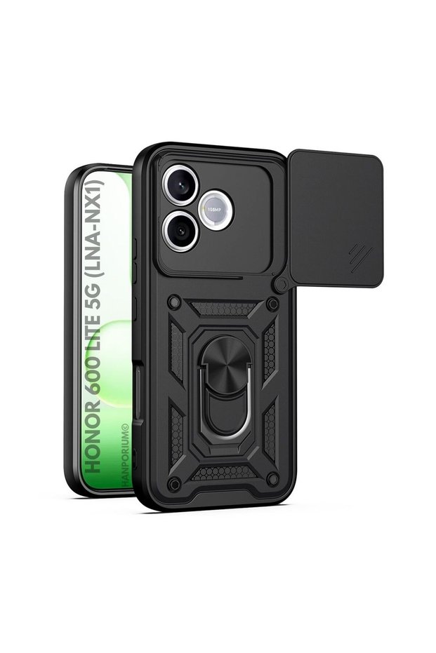 Honor 600 lite 5g compatible tank case with ring stand, full impact protection armored outdoor cover - black