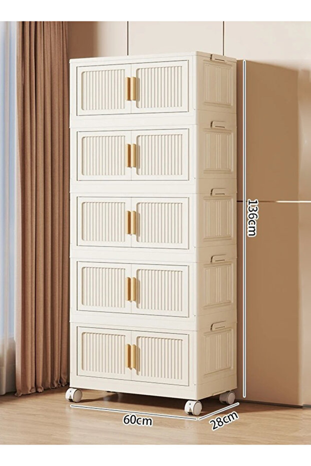 Foldable Storage Cabinet with Double Doors & Wheels, Stackable Plastic Organizer Cabinet for Clothes, Toys & Home Storage, Available in 4-Tier & 5-Tier, 50cm/60cm Width