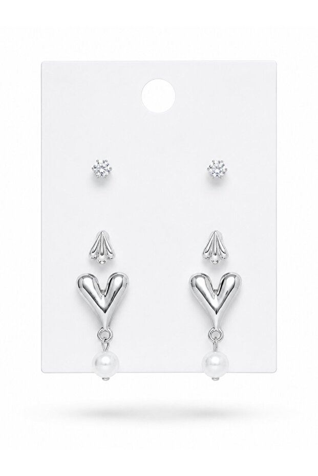 Brass Silver Color Zircon Stone Hanging Heart Model 3 Pair Women's Earring Set