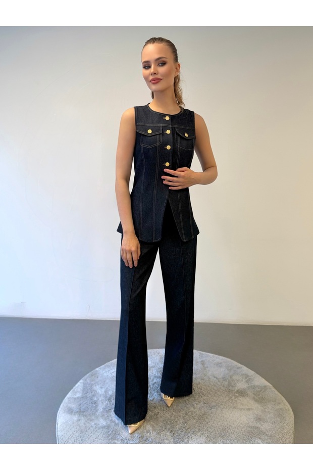 Premium Thin Denim Look Contrast Stitched Gold Buttoned 2-Piece Modern Cut Navy Blue Vest and Trousers Set