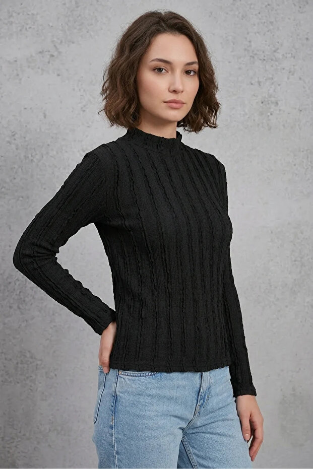 Women's High Collar Textured Black Blouse
