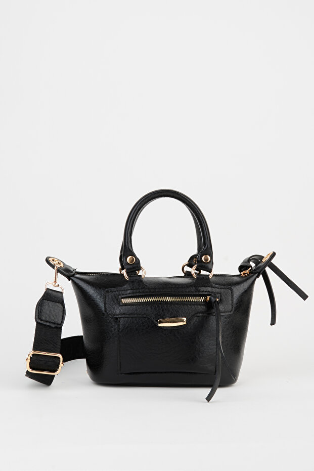 Women's Lupine Black Lined Column Strap Zipper Closure Handbag and Shoulder Bag