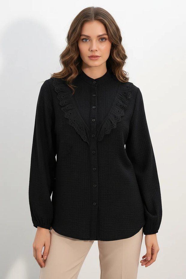 Women's Ruffled Lace Detailed Black Shirt
